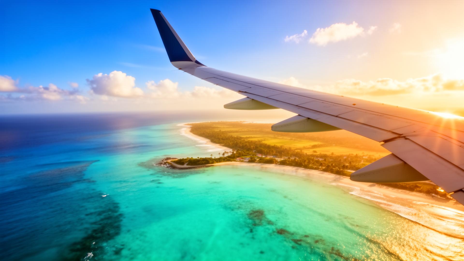 Airplane wing over turquoise coastline at sunset