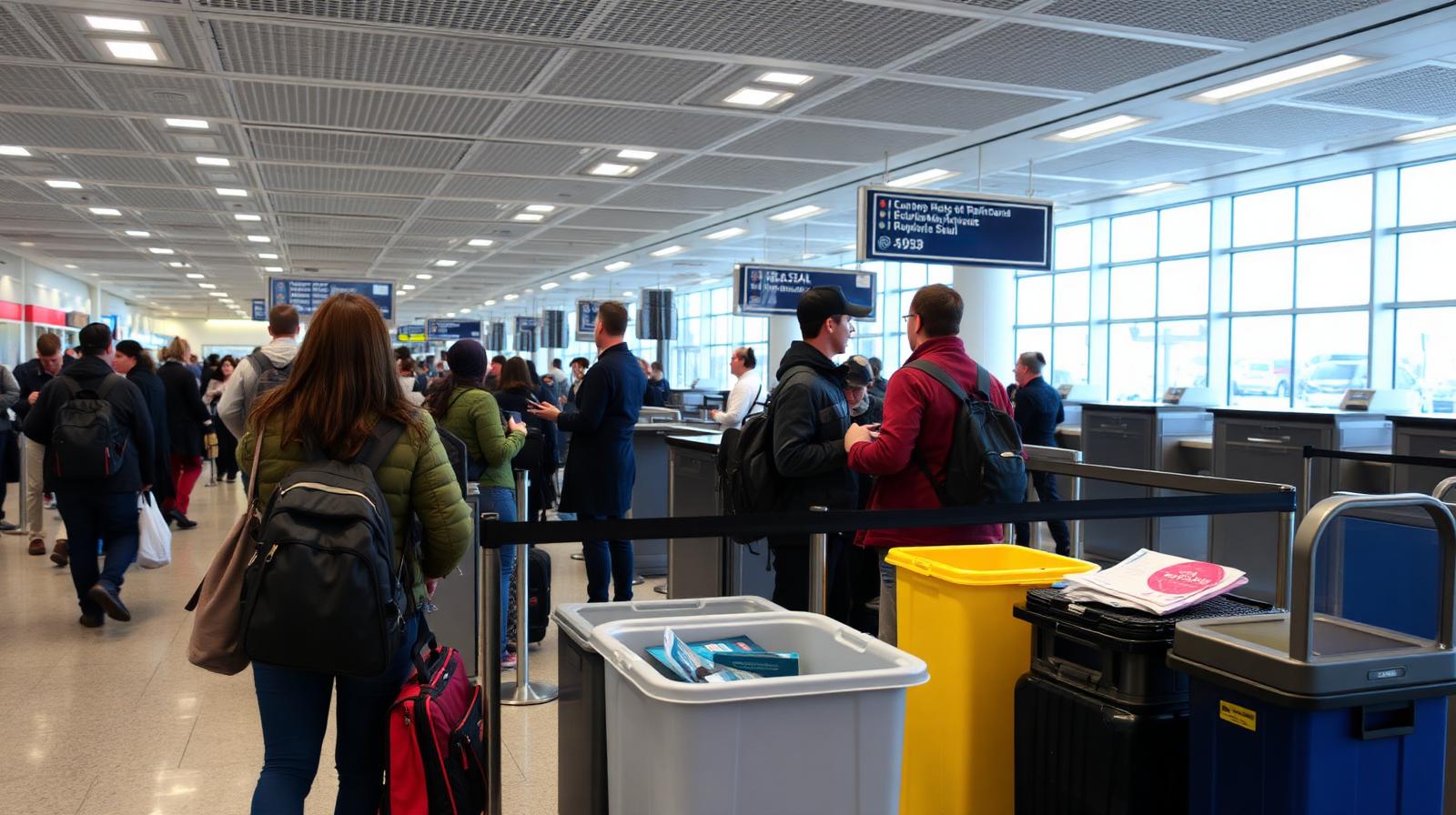 Travelers at a TSA security checkpoint in a US airport — Compare three booking paths, not just the published fare