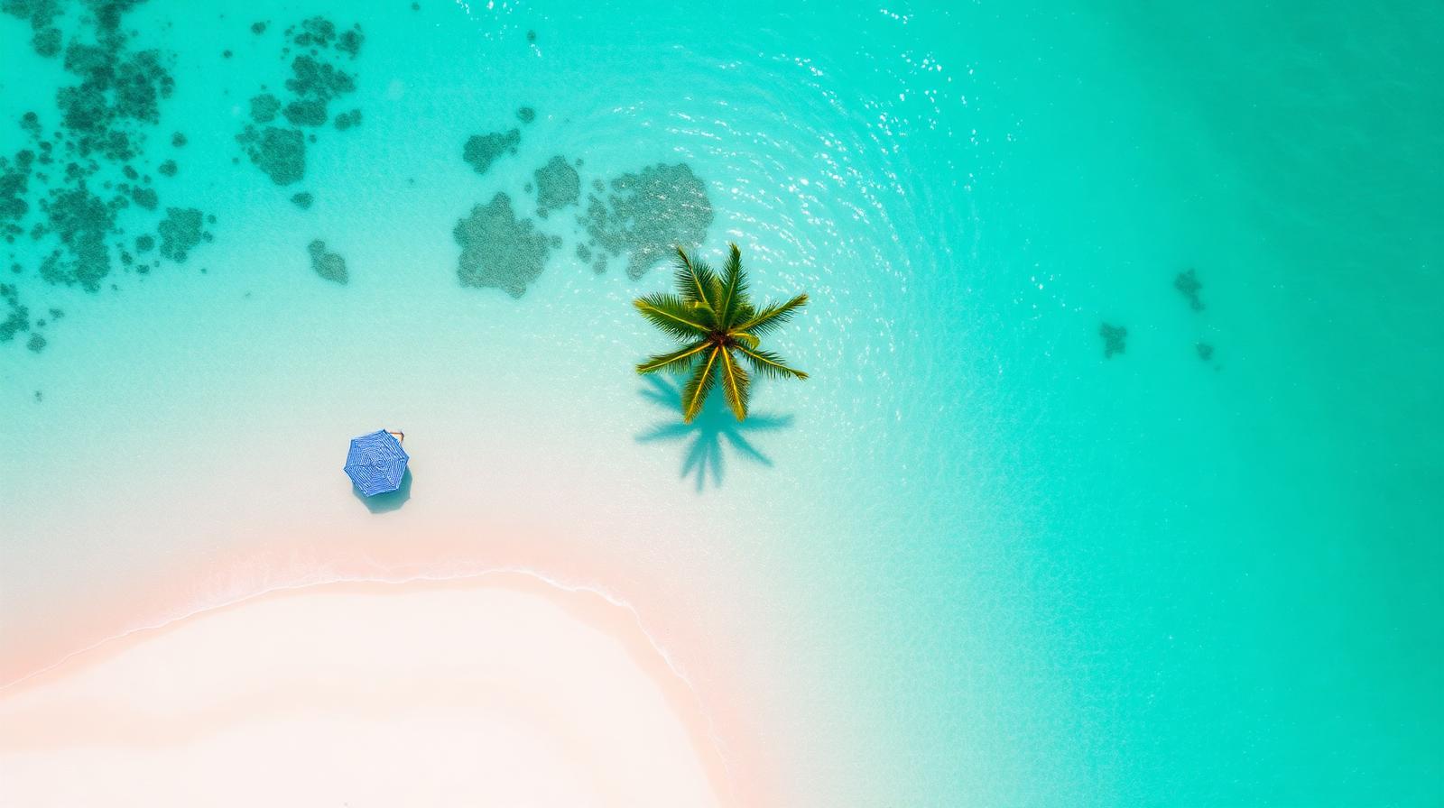 Aerial view of a tropical beach with turquoise water and palm tree — Key takeaways