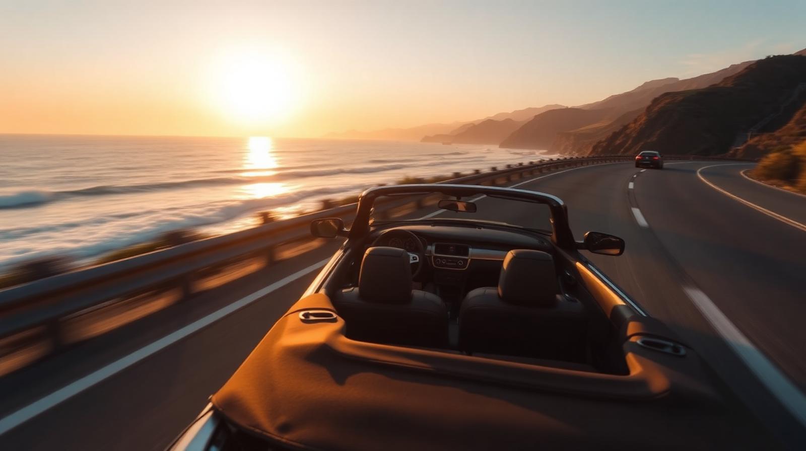 Rental car driving along a coastal road at sunset — 1. The Classic Route 66: Nostalgia on a Budget